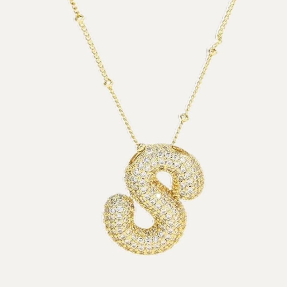 Gold Bubble Initial “S” Pendant Necklace
CZ Pave Letter 18” Chain NWT